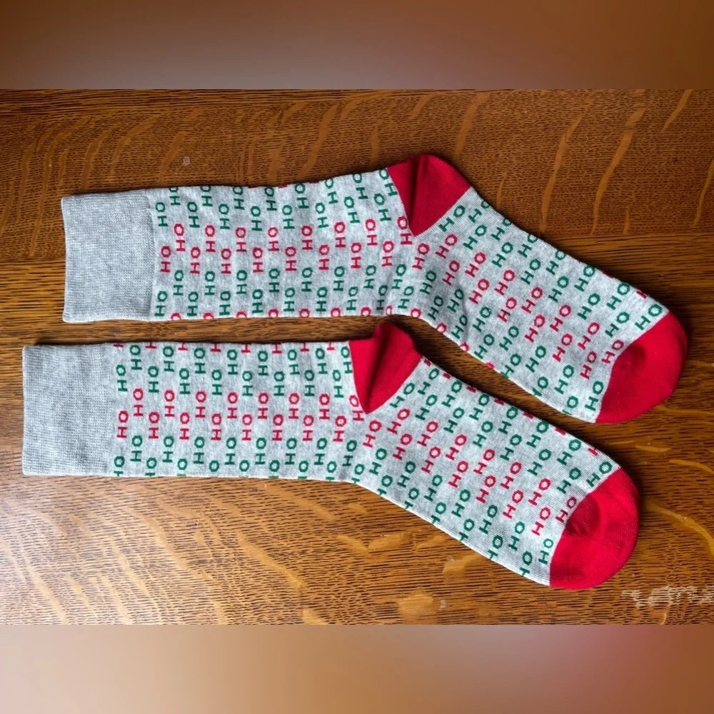 Two Pair Christmas Holiday Socks Gray Black Green Red Tall Socks Crew Socks NWOT